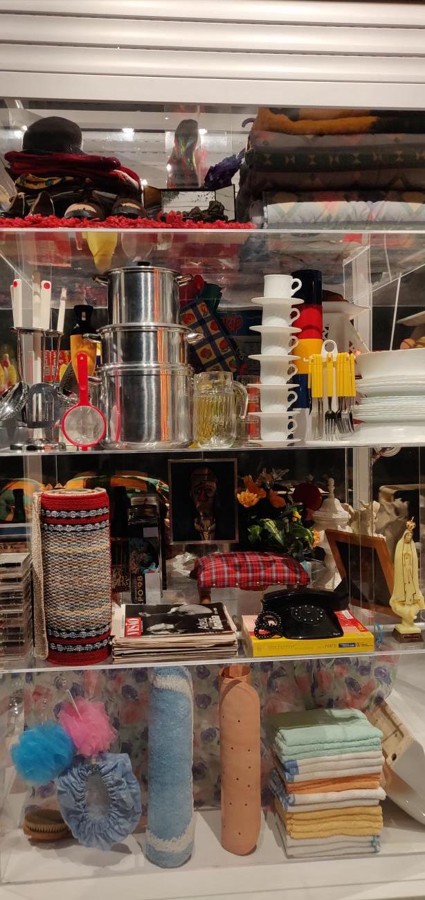 Vista Interior (Vue intérieure), 2000. Objets domestiques, stores en PVC, fer métallisé et thermolaqué, verre acrylique, contreplaqué. 236x184x184cm. MEIAC. Vista Interior (Vue intérieure), 2000. Objets domestiques, stores en PVC, fer métallisé et thermolaqué, verre acrylique, contreplaqué. 236x184x184cm. MEIAC.