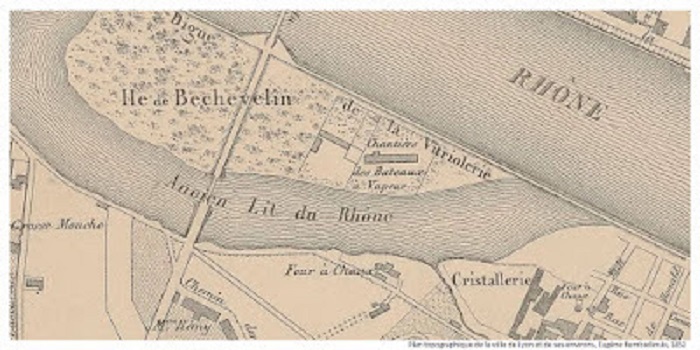 On y voit distinctement la mention « Chantiers des bateaux à vapeur » Plan de 1852 montrant l’emplacement de la Lône Bechevelin. On y voit distinctement la mention « Chantiers des bateaux à vapeur ».