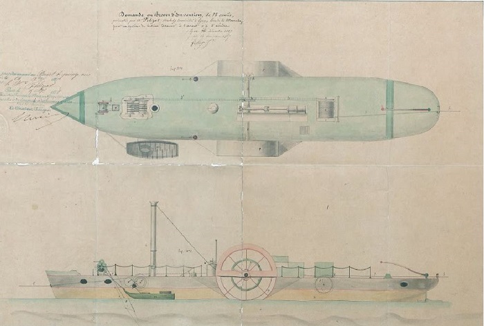 Plan du système de bateau toueur breveté par l'industriel Michel Félizat brevet d'invention pour un bateau toueur à vapeur déposé par Michel Felizat