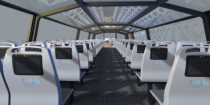 vue intérieure des futurs bateaux Caravelle avec leurs sièges avec tablette multimédia L'intérieur du futur bateau électrique de Batorama du projet Caravelle