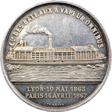 Médaille commémorative de la compagnie des bateaux omnibus à vapeur, Lyon 10 mai 1863 - Paris 14 avril 1867 – crédit Jacques Guinet Médaille commémorative de la compagnie des bateaux omnibus à vapeur, Lyon 10 mai 1863 - Paris 14 avril 1867 – crédit Jacques Guinet