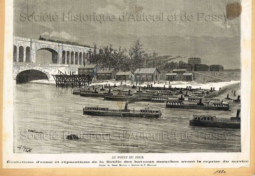 Illustration du chantier de réparation au pied du viaduc du Point du Jour sur laquelle on distingue très clairement le système de pieux constituant la forme de radoub.