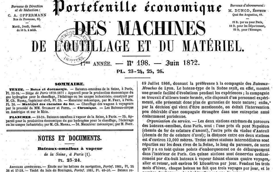 Article sur les bateaux-mouches parisiens rédigé par l’ingénieur L. Anquetin en 1872