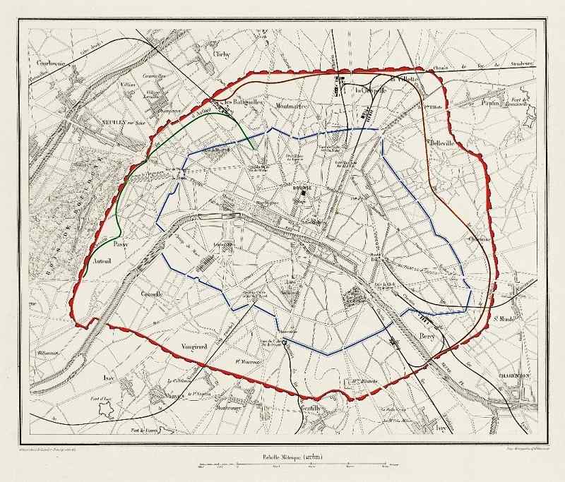Plan de Paris de 1859 montrant en bleu le tracé du chemin de fer de la Petite Couronne (en rouge les fortifications Thiers). A l’intersection de la Seine et du chemin de fer de la Petite Couronne se trouveront les deux stations extrêmes des lignes de bateaux-mouches Plan de Paris de 1859 montrant en bleu le tracé du chemin de fer de la Petite Couronne (en rouge les fortifications Thiers). A l’intersection de la Seine et du chemin de fer de la Petite Couronne se trouveront les deux stations extrêmes des lignes de bateaux-mouches