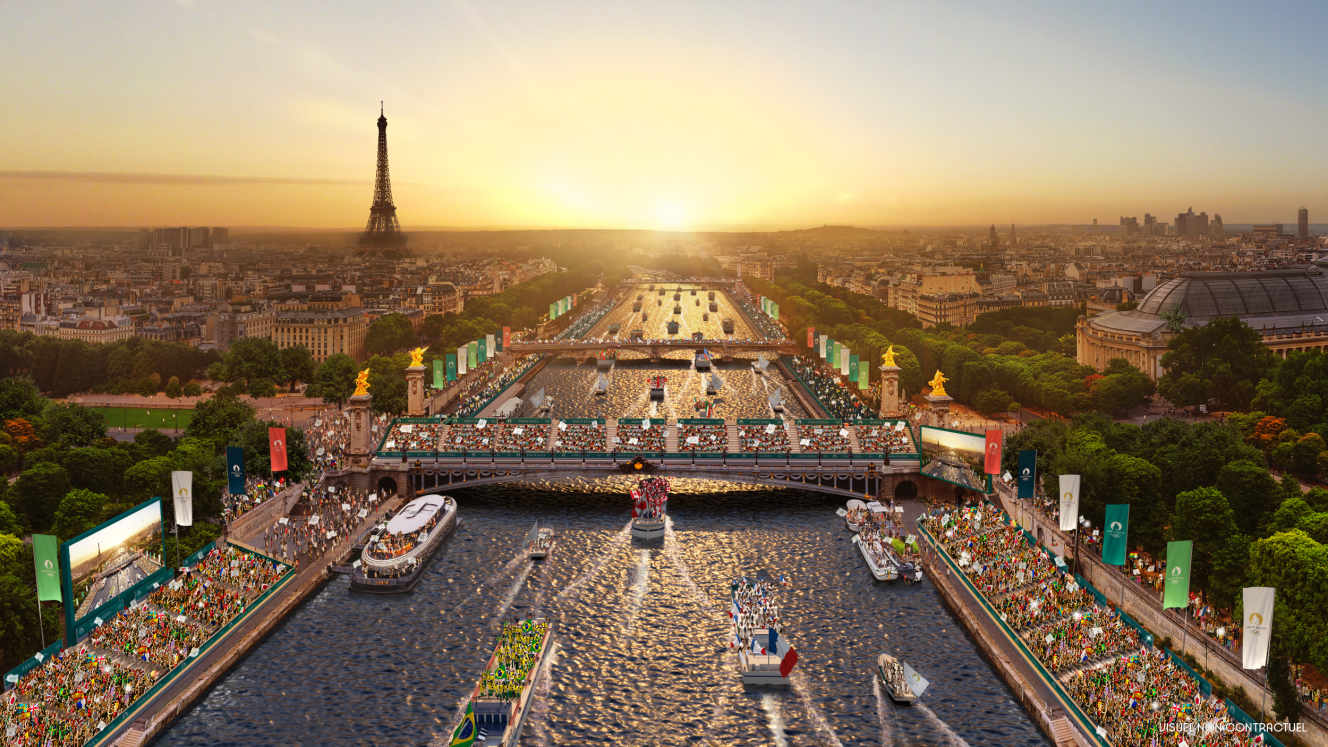 Vue d’artiste du défilé sur la Seine lors de la cérémonie d’ouverture des JO 2024 à Paris (© P2024 / Florian Hulleu) Vue d’artiste du défilé sur la Seine lors de la cérémonie d’ouverture des JO 2024 à Paris (© P2024 / Florian Hulleu)