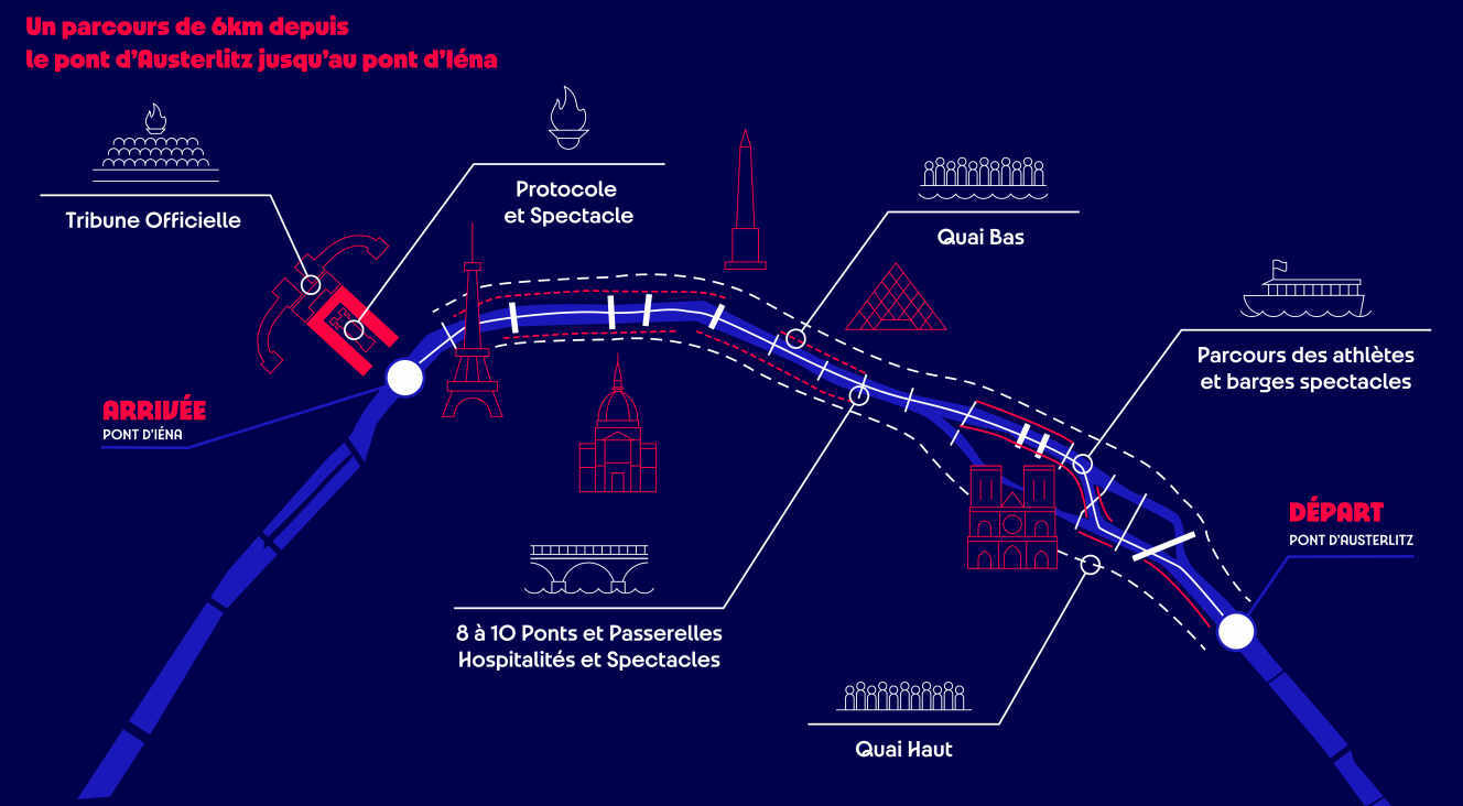 Le parcours sur la Seine de la cérémonie d’ouverture des JO 2024 (© P2024 / Florian Hulleu) Le parcours sur la Seine de la cérémonie d’ouverture des JO 2024 (© P2024 / Florian Hulleu)