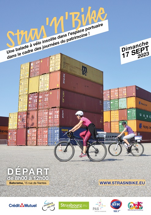 Découvrir des entreprises et slalomer entre les conteneurs, que du bonheur ! © Ports de Strasbourg Affiche 2023 Stras'N'Bike