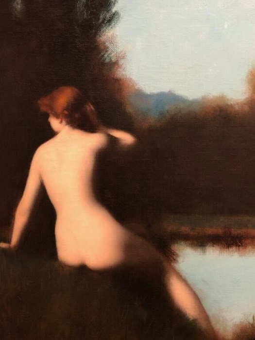 Femme nue debout vue de dos au bord d'un lac - entre 1829 et 1905. L'une des nombreuses oeuvre présentées lors de l'exposition Jean-Jacques Henner en 2021 au Musée des beaux-arts à Strasbourg. Peinture Jean-Jacques Henner