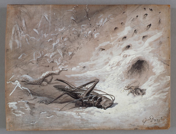 Gustave Doré, La cigale et la fourmi. Dessin à l’encre, au lavis et à la gouache sur matrice de bois. © M. Bertola / Musées de la Ville de Strasbourg Gustave Doré