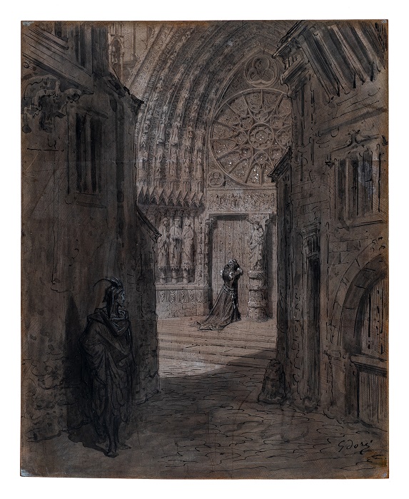 Gustave Doré, Méphistophélès et Marguerite. Dessin au crayon à l’encre et au lavis sur matrice de bois. © M. Bertola / Musées de la Ville de Strasbourg Gustave Doré