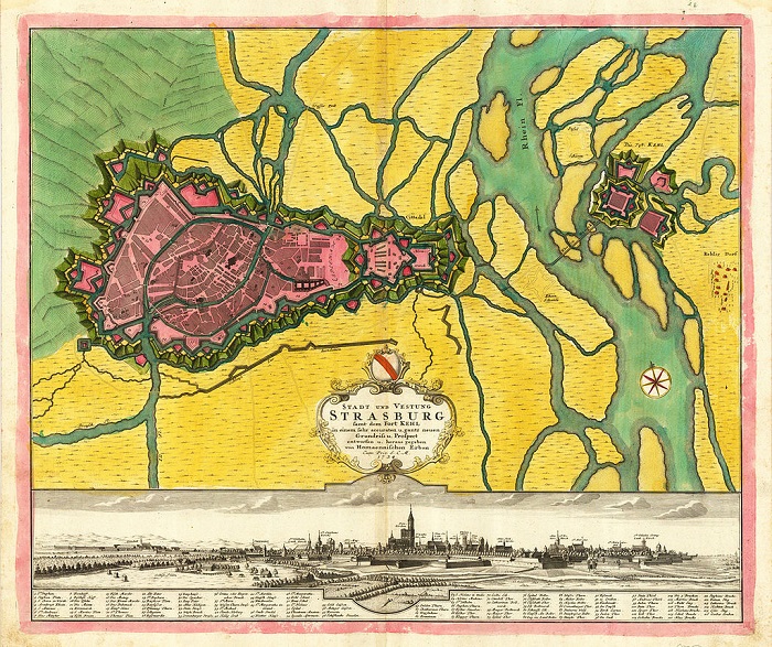 Représentation de la citadelle de Strasbourg et de celle de Kehl (en haut à droite) où se trouvait l’imprimerie de Beaumarchais. Représentation de la citadelle de Strasbourg et de celle de Kehl (en haut à droite) où se trouvait l’imprimerie de Beaumarchais.